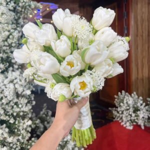 Hoa cưới Tulip trắng phối cỏ đồng tiền bó lớn 30 hoa