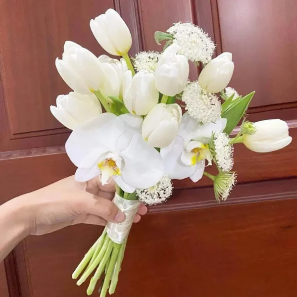 Hoa cưới Tulip trắng phối Lan Hồ Điệp trắng