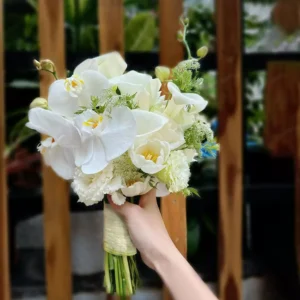 Hoa cưới Lan Hồ Điệp phối hoa Tulip trắng